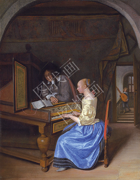 A Young Woman playing a Harpsichord to a Young Man